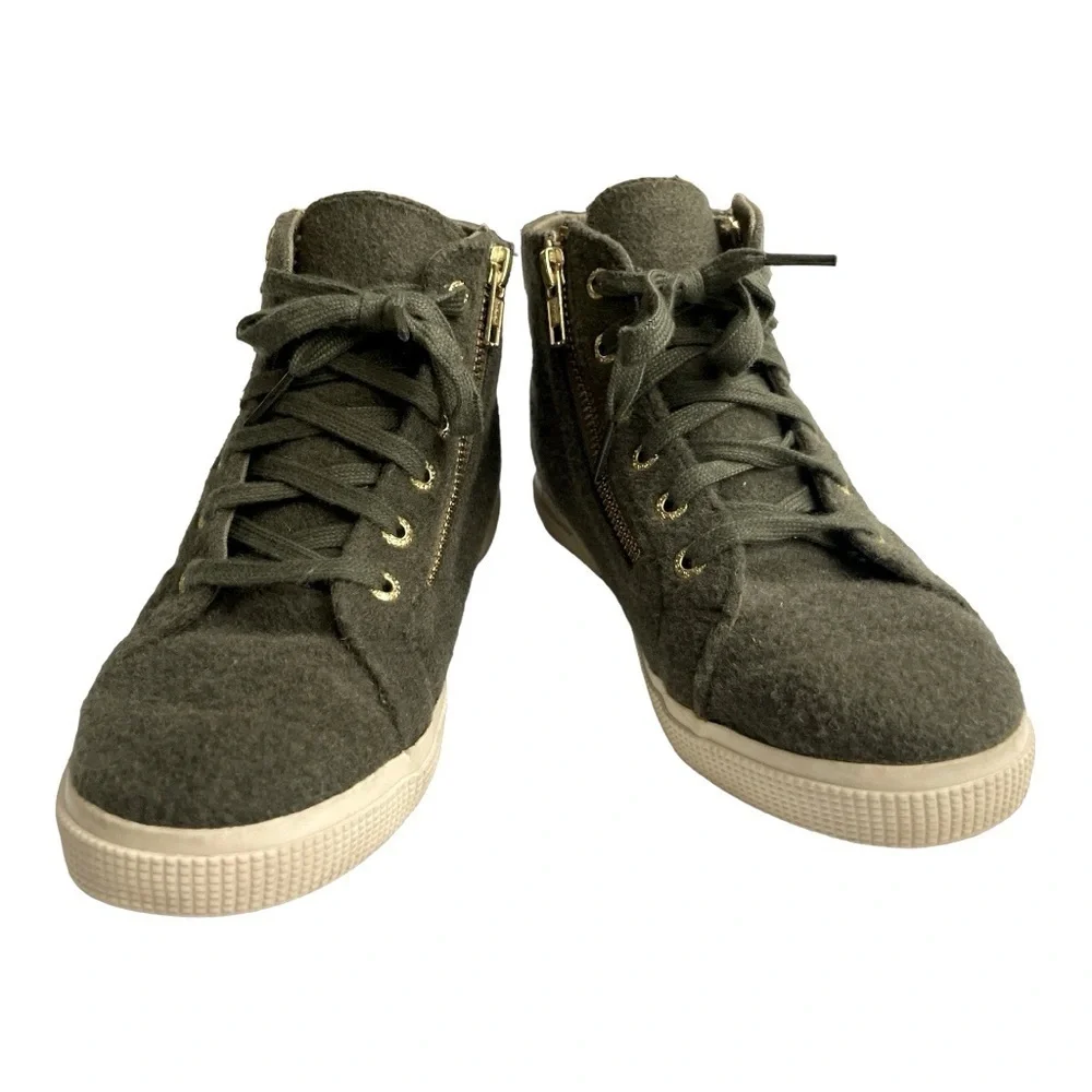 Superga Olive Wool Felt High Top Sneakers zipper, laces size 37 1/2 = 7 US